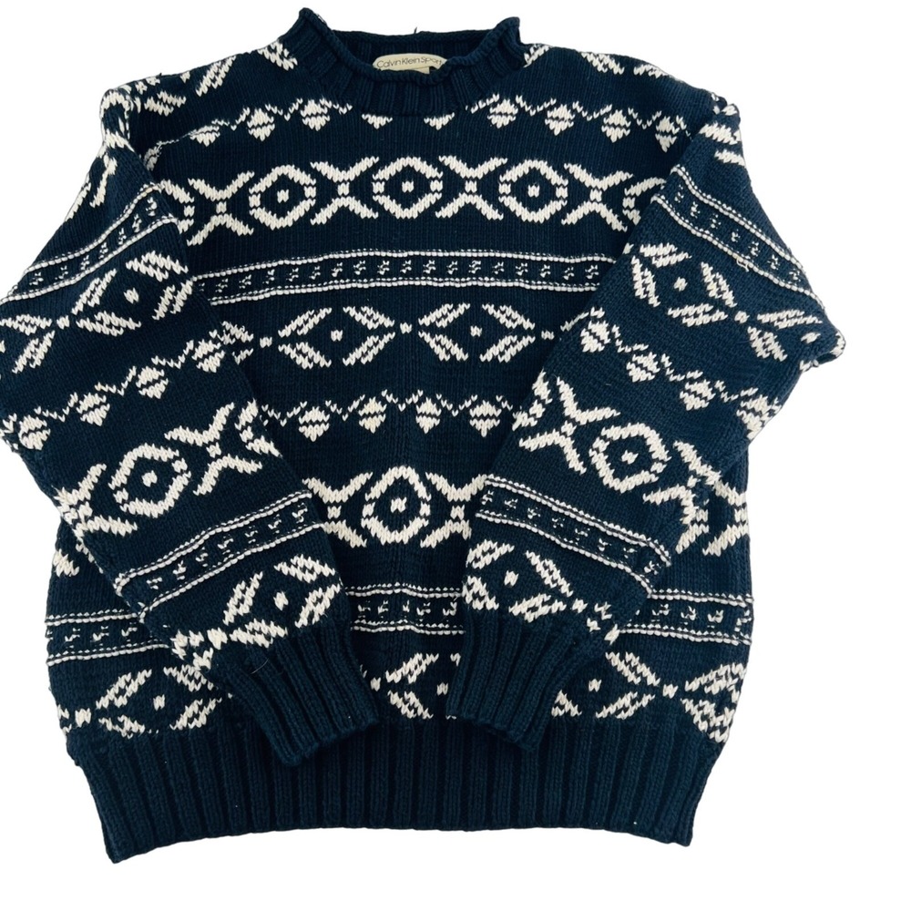 Calvin Klein Sport Women's Small Sweater Aztec Pullover Hong Kong Navy Blue
